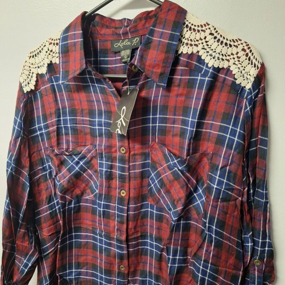 Lola P Plaid Lace Shirt Doily Button Down Shoulders Womens Large‎ Red Blue